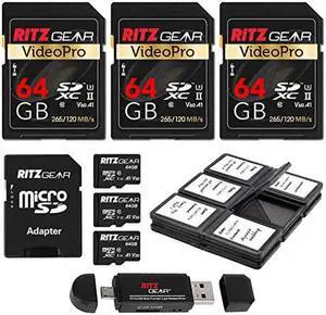 Ritz Gear 4K SDXC 64GB U3 V60 Memory Card 3-Pack +64GB V30 Extreme Performance MicroSDXC Memory Card 3-Pack with Vivitar 6 Panel SD Card Holder and Memory Card Reader