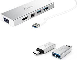j5create USB A Hub with HDMI, VGA, Ethernet + USB C to USB Type-A Adapter (JUD380 + JUCX15X2)