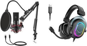 FIFINE Computer Mic and Gaming Headset, USB Microphone Set with Flexible Boom Arm Stand Pop Filter, Plug and Play, Wired Headphones for Streaming Podcast on PC/Desktop/Laptop/PS4/PS5 (T732+H6)