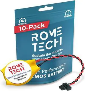 Rome Tech CR2032W CMOS Battery for Awow Ax41 Motherboard - Laptop Backup BIOS RTC 3V CR 2032 KTS 731 Battery with 2 Wire Cable FI Connector (10-Pack)
