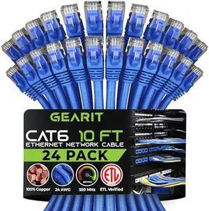 GearIT 24-Pack, Cat 6 Ethernet Cable Cat6 Snagless Patch 10 Feet - Snagless RJ45 Computer LAN Network Cord, Blue - Compatible with 24 48 Port Switch POE Rackmount 24port Gigabit