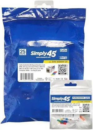 Simply45 S45-3590BL Cat5e Unshielded 90 Degree Keystone Jack - Blue - 25-Pack - 810093722778