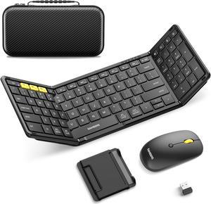 Foldable Keyboard and Mouse, Samsers Folding Bluetooth Keyboard Mouse Combo, 2.4G + BT5.0 x 2, Full-Size Portable Travel Keyboard & USB-C Rechargeable Wireless Mouse for iOS Android Windows Mac OS