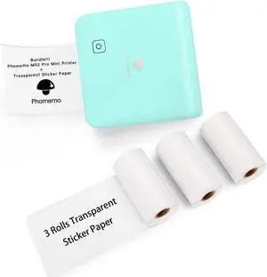 Phomemo M02 Pro Mini Bluetooth Printer- Pocket Photo Printer with 3 Rolls Transparent Sticker Paper, Compatible with iOS + Android for Plan Journal, Study Notes, Art Creation, Work, Gift, Cyan