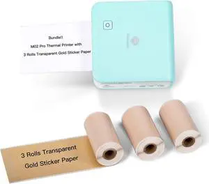 Phomemo M02 Pro Pocket Printer - with 3 Rolls Transparent Gold Paper Compatible with iOS + Android for Plan Journal, Study Notes, Art Creation, Work, Gift