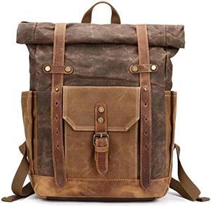 CRUITBILI Waxed Canvas Leather Hiking Travel Waterproof Backpack for College Weekend Travel Fit 15in laptops (Classic Khaki)