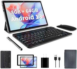 10 inch Android 13 Tablet, 8GB RAM+64GB ROM 1TB Expand, 2 in 1 Tablets with Keyboard, Case, Mouse, Stylus, 1280x800 IPS Touch Screen, 2.0GHz Quad-Core, WiFi 6, Bluetooth 5.0, Dual Camera (Silver)