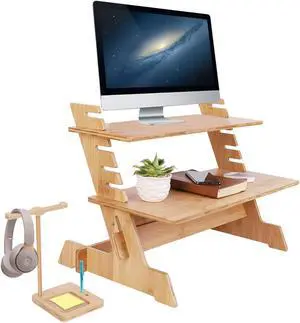 Wisfor Bamboo Standing Monitor Stand Desk Convertor Riser for Monitor Adjustable Height Standup Desk Top Laptop Workstation with Phone Headset Holder