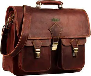 HULSH Leather Briefcase for Men 18 Inch | Vintage Large Messenger Bag | Brown Laptop Bag with Rustic Look