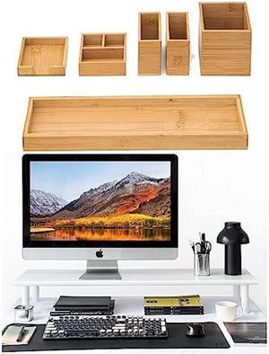 ROCDEER White Vanity Tray and Black Dual Monitor Stand Riser Bundle