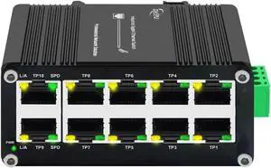 Ndarepoo Mini Industrial 10 Ports Gigabit Ethernet Switch Hardened RJ45 10/100/1000Mbps Din Rail Mount Switch 12~48V DC