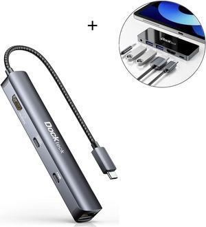 Dockteck 5 in 1 Adapter for iPad Pro 2021 2020 iPad Air4 iPad Mini6 Dongle with 3.5mm Headphone Jack Bundle with 6-in-1 USB C Hub with 4K 60Hz HDMI, USB-C Data Port, 1Gbps Ethernet, 100W PD, 2 USB 3.0