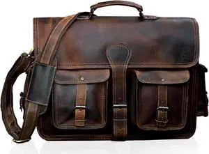 cuero Leather Briefcase Work Bag for Men Women Dark Brown Crossbody Genuine Leather Satchel Office Bag for Men Women 18 Inch Computer Travel Messenger Laptop Shoulder Bag Cureo