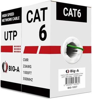 Big-A - Bulk Cat6 Cable 1000ft 23AWG Solid 4 Pair, Cat 6 Ethernet Cable Unshielded Twisted Pair (UTP), (CMR) 550MHz Internet Cable, Pull Box - Green