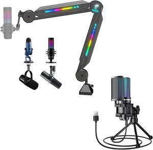 TONOR Gaming USB Microphone for PC TC777 Pro, Bundle with Adjustable RGB Boom Arm T90