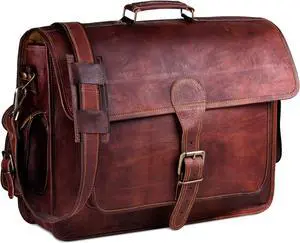 HULSH Handmade Vintage Rustic Leather Messenger Bag, 18 Inch Laptop Bag, Briefcase, Computer Bag, Satchel for Men | Carry It All with Ease! Easy Open Push Lock