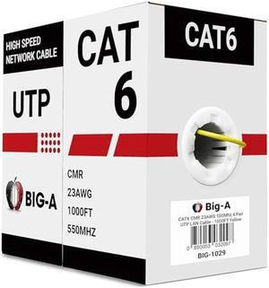 Big-A - Bulk Cat6 Cable 1000ft 23AWG Solid 4 Pair, Cat 6 Ethernet Cable Unshielded Twisted Pair (UTP), (CMR) 550MHz Internet Cable, Pull Box - Yellow