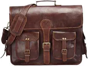 Hulsh 18 Inches Leather laptop bag for men and women| Dark Brown Genuine leather briefcase bag for men Vintage Look Handmade leather messenger bag for men 17 inch Laptop fits Perfectly Unique & Classy