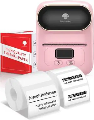 Phomemo-M110 Bluetooth Printer with One Box 30x20mm Label, Thermal Label Printer for Labeling, Retail, Barcode, Shipping, Jewelry, Cable, Compatible for Android & iOS System, Pink