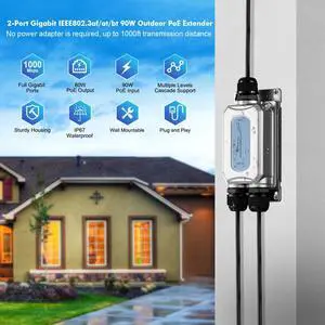 MokerLink Outdoor 3 Port Gigabit PoE Extender, IEEE 802.3 af/at/bt PoE Repeater 90W, 10/100/1000Mbps, 1 PoE in 2 PoE Out, Wall Mount IP67 Waterproof POE Passthrough Switch