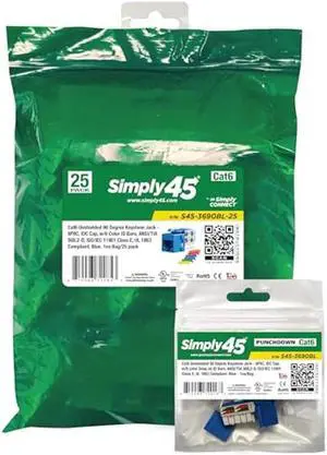 Simply45 S45-3690BL Cat6 Unshielded 90 Degree Keystone Jack - 25-Pack