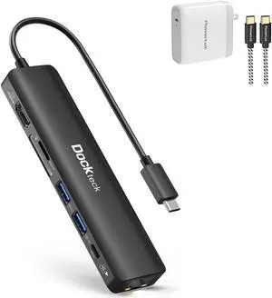 USB C Charger 100W PowerLot GaN Tech USB C Wall Charger with Foldable Plug and 6ft USB-C Cable Bundle with Dockteck 7-in-1 USB C Hub with 4K 60Hz HDMI, 1Gbps Ethernet, 100W PD, 2 USB 3.0, SD/Micro SD