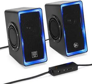 GOgroove Gaming Computer Speakers with Blue LED Light - SonaVERSE O2i Speakers for Desktop, Laptop, PC - USB Speaker 2.0 with AUX Input, in-Line Volume Control, Bass Stereo Sound, 14W (Black)