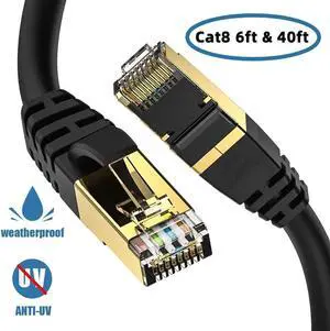 Cat 8 Ethernet Cable, (Cat8 6ft & Cat8 40ft) Outdoor&Indoor, Burial High Speed 26AWG Cat8 LAN Network Cable 40Gbps, 2000Mhz with Gold Plated RJ45 Connector, Weatherproof for Router/Gaming/Xbox/IP
