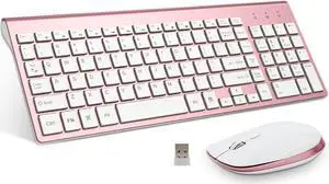Wireless Keyboard and Mouse, FENIFOX Full-Size Whisper-Quiet Compact Compatible with Mac PC Laptop Tablet Notebook Windows - Rose Gold Pink