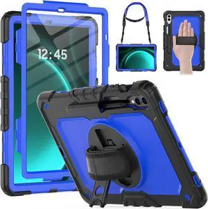 HXCASEAC Case for Galaxy Tab S9 Fe + / Tab S9 Plus Case 12.4 inch Protective with Screen Protector/S Pen Holder/Rotating Hand Strap, Heavy Duty Tablet Case for Galaxy S9 FE+ / S9+, Blue