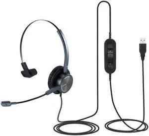 EMAIKER One Ear USB-A Headset with Microphone for PC, Computer Headset with Mic Noise Canceling for Laptop Teams Zoom Office Work Call Center Telework Softphone, Dictation, Recording