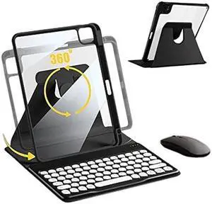 AnMengXinLing iPad 10th Gen 2022 Case with Keyboard and Mouse, 360 Rotatable iPad 10 2022 Keyboard Case,Clear Back Shell Cover with Pencil Holder and Detachable Round Key Keyboard (Black)