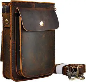 Le'aokuu Mens Genuine Leather Fanny Small 8" Sling Messenger Shoulder Satchel Waist Bag Pack (The 021 Dark Brown)