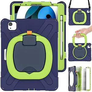 MEEgoodo Case for Kids iPad Pro M2 12.9 Case 6th/5th/4th/3rd Generation 2022 2021 2020 2018 with Pencil Holder/Rotating Stand/Shoulder Strap, Protection Duty Shockproof Silicone Cover, Navy Blue Lime