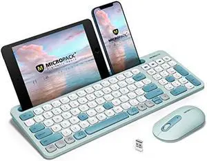 Bluetooth Keyboard and Mouse, MicroPack Wireless Keyboard and Mouse, Multi-Device Dual-Mode (Bluetooth 5.0/3.0+USB 2.4G) Silent Keyboard Mouse with Phone Holder for Mac, iPad, Android, Windows (Blue)