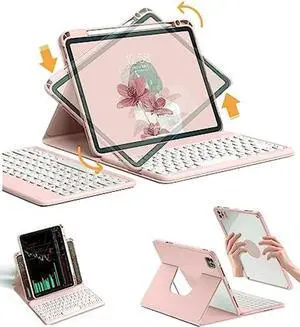 SENLAN Rotatable iPad 10.2 '' 7th/ 8th/ 9th Generation Keyboard case Magnet Detachable Transparent Back Cover iPad7 8 9 Bluetooth Keyboard with Pencil Holder Horizontal/Vertical Stand (Pink)