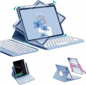 SENLAN Rotatable iPad 10.2 '' 7th/ 8th/ 9th Generation Keyboard case Magnet Detachable Transparent Back Cover iPad7 8 9 Bluetooth Keyboard with Pencil Holder Horizontal/Vertical Stand (Blue)