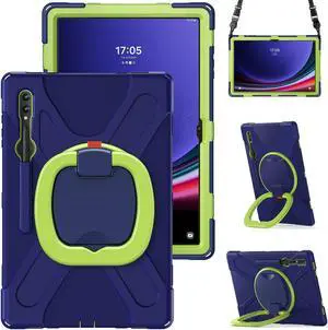 360 Rotation Case for Samsung Galaxy S9 Ultra 14.6'' 2023/S8 Ultra 14.6'' 2022,with Shoulder Strap S Pen Holder Rotatable Kickstand/Handle Rugged Silicone Case (Navy Blue+Green)