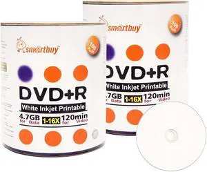 Smart Buy 200 Pack DVD+R 4.7gb 16x White Printable Inkjet Blank Media Record Disc, 200 Disc 200pk