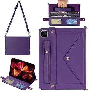 Handbag Case for iPad Pro 12.9" 2022/2021/2020, Techcircle Folio Stand iPad Crossbody Wallet Case with Pencil Holder, Card Slot, Hand Strap & Shoulder Strap PU Leather Protective Cover, Purple