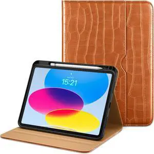 DTTOCASE Crocodile Case for iPad 10th Generation 2022, iPad 10.9 Inch Leather Smart Folio Cover with Pencil Holder and Hand Strap, Support Auto Sleep/Wake, ID Touch, Multiple Viewing Angles-Brown