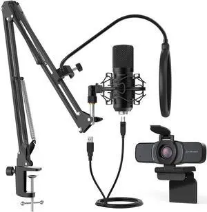 Amcrest 1080P Webcam with Privacy Cover & Omnidirectional Microphone, Web Cam USB Camera, Computer HD Streaming Webcam for PC Desktop & Laptop, Boom Arm, Pop-Filter, Shock Mount (AM430-BPS-AWC201-B)