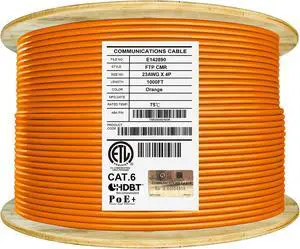 Elite Cat6 Shielded Riser (CMR), 1000ft, F/UTP 23AWG, Solid Bare Copper, 550MHz, UL Certified, UL-LP Certification, Bulk Ethernet Cable Reel, Orange