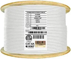 Elite Cat6A Plenum Unshielded, CMP, 750MHz, UL Listed, 1000ft, 23AWG, Solid, Pure Copper, ETL Verified, Higher Performance PoE, White