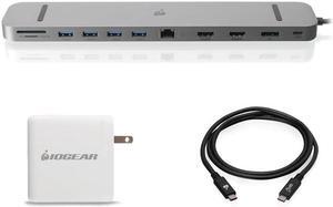 IOGEAR USB-C Triple Display Dock Station - 4K 60Hz GUD3C4K3 with USB-C 6Ft Cable and 100W USB-C GaN Charger Adapter Bundle