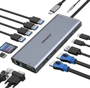 USB C Docking Station Dual Monitor for Dell/HP/Lenovo/Surface Laptop, 14 in 1 Triple Display Hub Multiple Adapter, Dongle with 2 HDMI 4K+VGA+5 Port+100W PD Charger+Ethernet+SD/TF+Audio