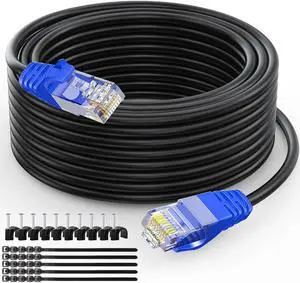 Aimyzii Cat6 Outdoor Ethernet Cable(300 Feet) Heavy Duty Outdoor Grounded Waterproof Buried-able UV Resistant Network Cord,RJ45 Patch Cable Support Cat6,Cat5E,Cat5-Include 25 Ties and 50 Cable Clips