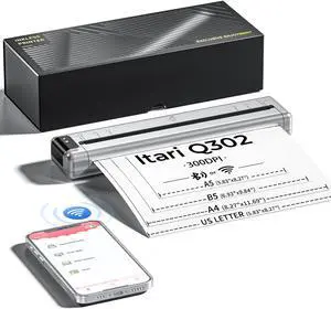 Itari Q302 WiFi Portable Printers Wireless for Travel, Mini Thermal Printer with Reverse Charging, Upgraded 300DPI Inkless Phone Printer Supports US Letter/A4/B5/A5, Small Mobile Printer for Vehicles