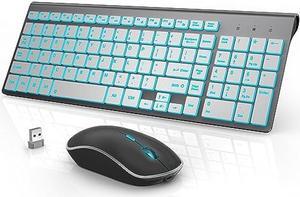 J JOYACCESS Wireless Keyboard and Mouse Combo with 7 Backlit Options,Quiet Light Up Keys,Type-C Rechargeable,Sleep Mode-2.4G Slient Portable Cordless Combo for Laptop/PC/Computer/Mac(Grey+Sliver)