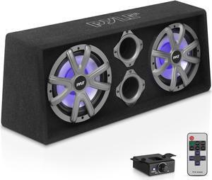 PyleUsa 12'' Dual Bass Subwoofer Box System - 600-Watt Slim Mount Truck Audio Subwoofer Box, Rear Vented Design with Built-in Illuminating LED Lights - PLBAS122LE, Black